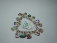 A silver bracelet with padlock clasp having eleven (& two loose) white metal shields stamped silver,
