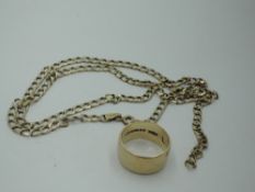 A 9ct gold wedding band of broad form, size K & 5g and a flat curb link chain, (AF), approx 5.7g