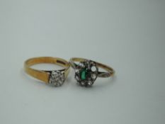 A diamond chip solitaire dress ring on a 9ct gold loop and a paste cluster ring on a yellow metal