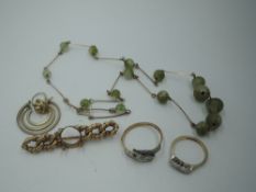 Six pieces of yellow metal jewellery, some stamped 9ct, including brooch, two dress rings, bead