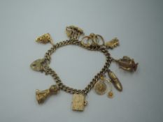 A 9ct gold charm bracelet with padlock clasp and nine charms including cat, penny farthing, bible