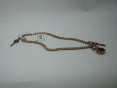 A yellow metal curb link watch chain having T bar and 9ct rose gold glass set fob, no marks on chain
