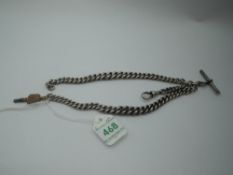 An HM silver watch chain having two graduated chains, T bar and watch key, approx 13' & 76.6g