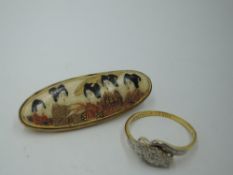 A Japanese satsuma ware brooch decorated with five Geisha in a yellow metal mount, and a diamond