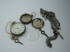 Two HM silver watch chains, a pocket watch case and key wound pocket watch, all AF, approx 75.3g &