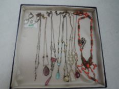 Eight vintage bead and chain necklaces of various forms and a pair of screw back earrings