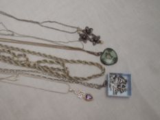 A small selection of silver jewellery including jadeite style pendant, rope chain, Celtic style