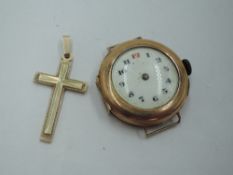 A 9ct gold cross pendant having applique decoration and a vintage 9ct rose gold wrist watch, no
