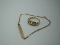 A 9ct gold band ring having diamond chip open link decoration, size P and a 9ct gold ID bracelet