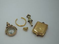 A small selection of gold jewellery including split wedding band with worn marks, probably 22ct, a