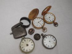 A small selection of HM silver and base metal items including silver pocket watch, mosaic brooch,