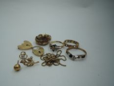 A selection of 9ct gold and yellow metal jewellery, most damaged including earrings, chain,