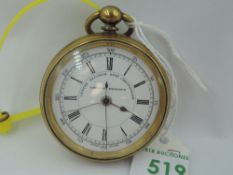 A key wound chronograph pocket watch having a Roman numeral dial with perimeter dial to white enamel