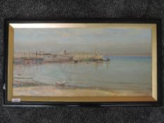 An oil painting, G P, harbour scene, inittialled and dated 1912, 30 x 60cm, plus frame