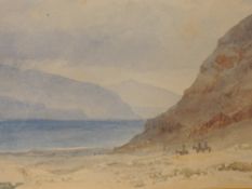 A watercolour, Tristram Ellis, mountain and lake landscape with horse riders, signed and dated 1880,