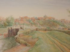 A watercolour, L Monkton, canal landscape, indistinctly signed, 21 x 36cm, plus frame and glazed