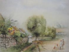 Two watercolours, Gail C Lodge, pastoral country lane, 21 x 23cm, and village scene, 26 x 36cm,