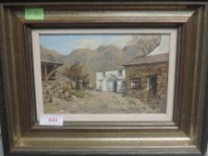 An oil painting on board, R Martin Tomlinson, Yew Tree Farm, signed and attributed verso, 12 x 18cm,