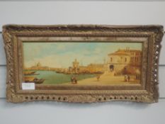 An oil painting on board, Cruz, Continental harbour scene, 13 x 34cm, plus frame