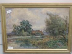 A watercolour, S Grant Rowe, Surrey farmstead and mill pond, signed, 35 x 49cm, plus frame and