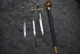 Four reproduction Swords, two marked Solado, Basket Hilt Broadword with Scabbard, Templar Sword,