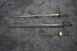 Three 18th century English Smallswords/Courtsword, one having brass shell handle and decorated