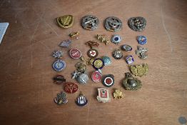 A collection of 20th century badges including Red Cross, AFS, WVS, National Savings, National