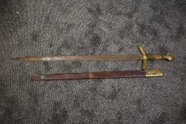 A reproduction Broadsword having brass crossguard and wire bound wood grip, blade marked 23, blade