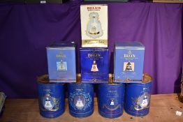 Eight Wade Bells Scotch Whisky Decanters, all aged 8 years, all royalty interest, Queen Mother 90th,