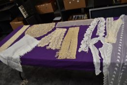 A varied lot of antique lace,tatting,tulle and fine embroidered items,including trims, shawl and
