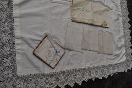 A selection of vintage and antique items including crotchet edged table cloth(some damage to section