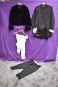 A collection of gents antique clothing including tailcoat with lace ruffled cuffs and navy blue