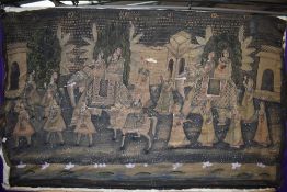 A vintage hand painted Indian scene, backed on cotton wool and mounted on wood battens at a later