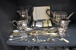 A selection of fine table wares and cutlery including HM silver spoon and plated tea set