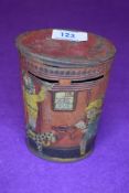 A vintage transfer printed advertising tin money box in the form of a post box
