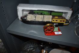 A Mamod model component, a model of the Flying Scotsman and canal barge