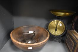 A farm house cream or butter beech wood bowl with stove iron and Salter family scales