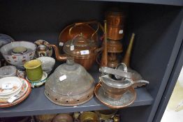 A selection of copper wares including stove spirit and similar kettles also hunting horn