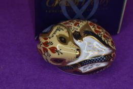 A ceramic Royal Crown Derby paper weight or figure of a Country mouse having gold stopper and box
