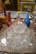 A selection of clear cut crystal and art glass wares including mottled bowl and a pair of footed