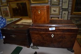 A walnut burr casket style tea caddy having fitted interior and two similar Victorian examples