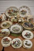 A selection of fox hunting and game sport ceramics including Sadler teapot and similar plates
