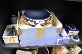 A selection of jasper ware by Wedgwood most pieces being boxed including deep blue footed bowl
