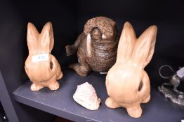 Two mid century figures of rabbits by Sylvac and a walrus figure AF