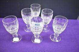A set of Waterford crystal 'Coleen' port or sherry glasses.
