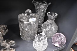 A selection of crystal clear cut glass including biscuit jar and vase etc