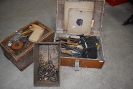 A selection of vintage tools, toolbox, 78s and brass light fittings etc