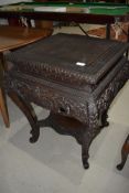 An Anglo Indian carved square top table, replacement ply inset centre, width approx. 61cm