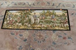 A vintage tapestry panel, classic hunting scene, approx. 145 x 49cm, in Hogarth style frame