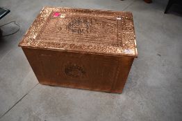 A copper slipper or kindling box, dimensions approx. 59 x 39 x 39cm